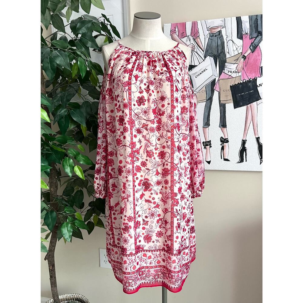 Cottagecore Boho Paisley Floral Max Studio Oversize Cold Shoulder Dress Sz XS